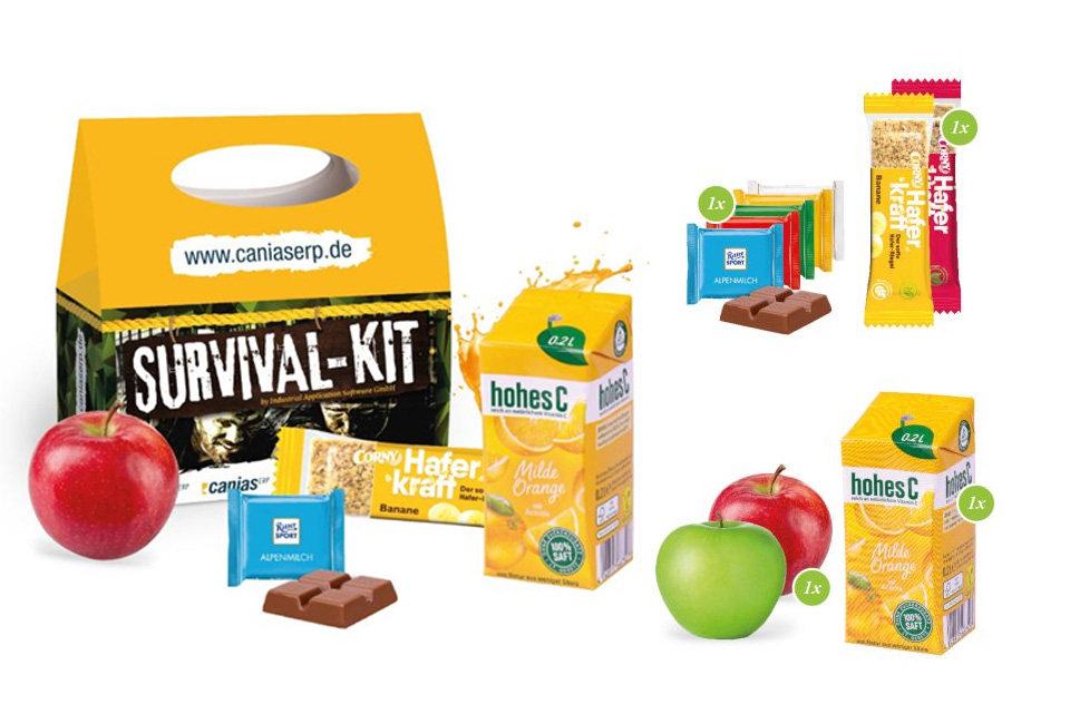 Snack Pack Fitness individuell bedruckt mit M&uuml;sliriegel, Apfel, Schokolade und Orangensaft als Werbeartikel