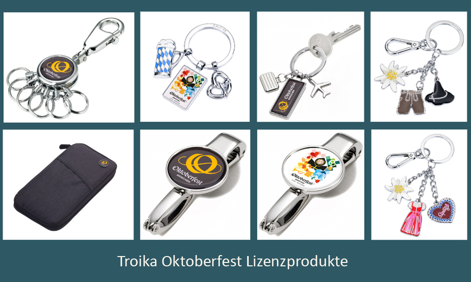 Acht unterschiedliche Troika Oktoberfest Lizenzprodukte als Werbeartikel. F&uuml;nf unterschiedliche Schl&uuml;sselanh&auml;nger mit original Oktoberfest Logo und zwei Taschenhalter mit original Oktoberfest Logo. 