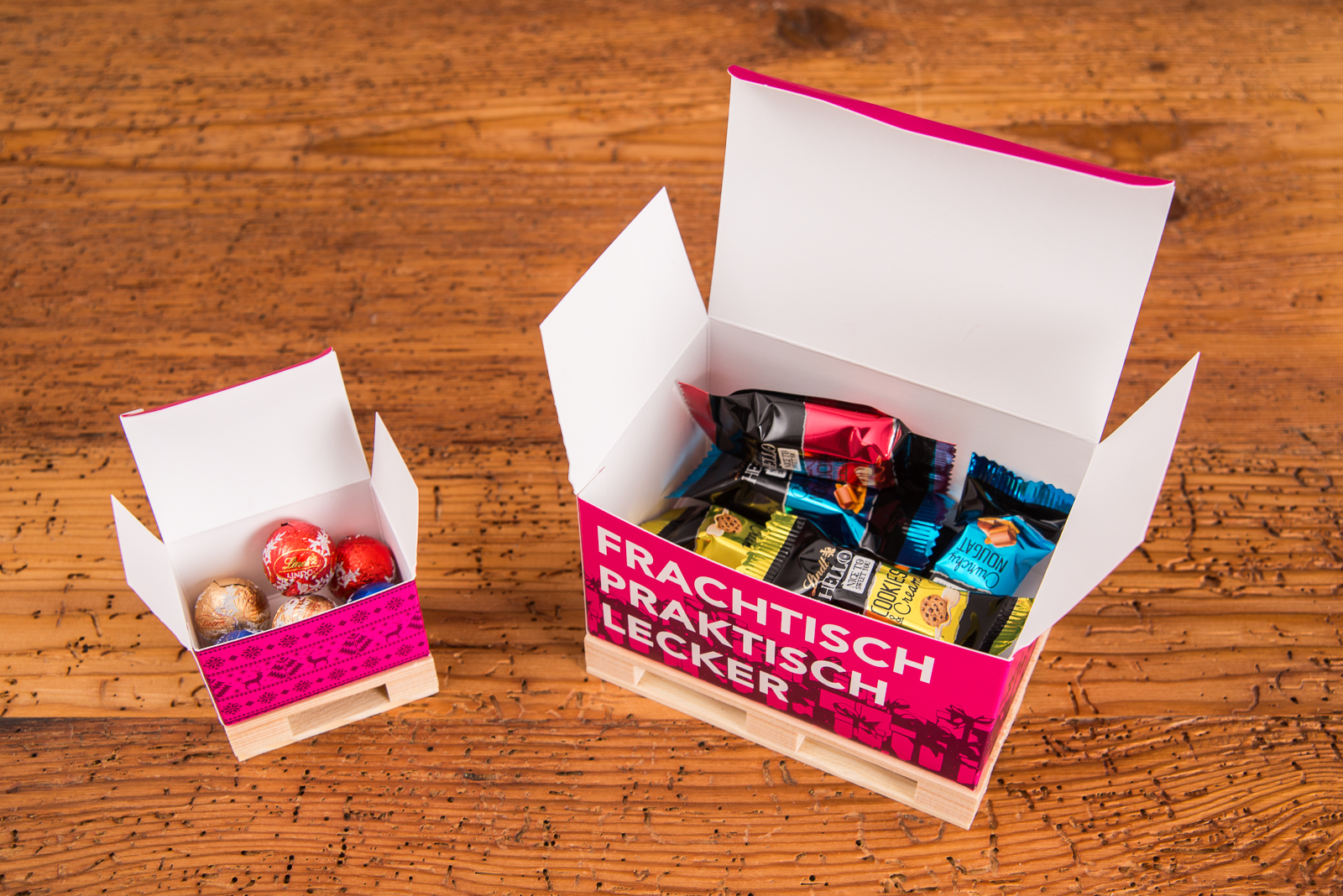 Mini Paletten mit Lindt-F&uuml;llung in gro&szlig; und klein. Als Werbeartikel mit Ihrer Botschaft bedruckt