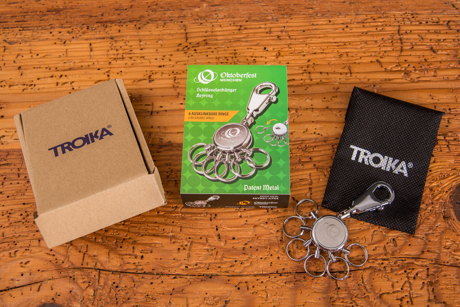 Oktoberfest Schl&uuml;sselanh&auml;nger von Troika mit 6 ausklinkbaren Schl&uuml;sselringen. Das offizielle Oktoberfestlogo ist in der Mitte graviert. 