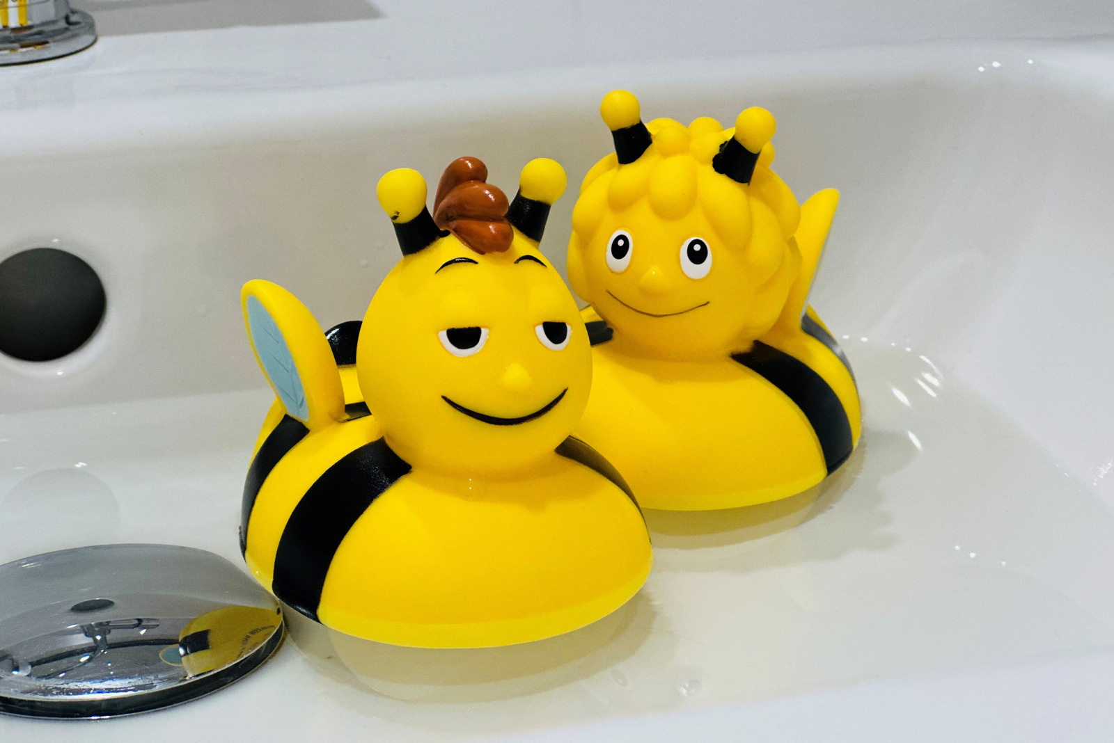 Badeenten Biene Maja und Biene Willi schwimmend im Waschbecken.