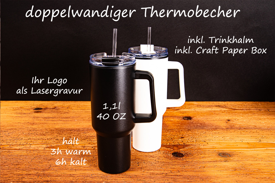 Produktbeschreibung zu zwei doppelwandigen Thermobechern als Werbeartikel.