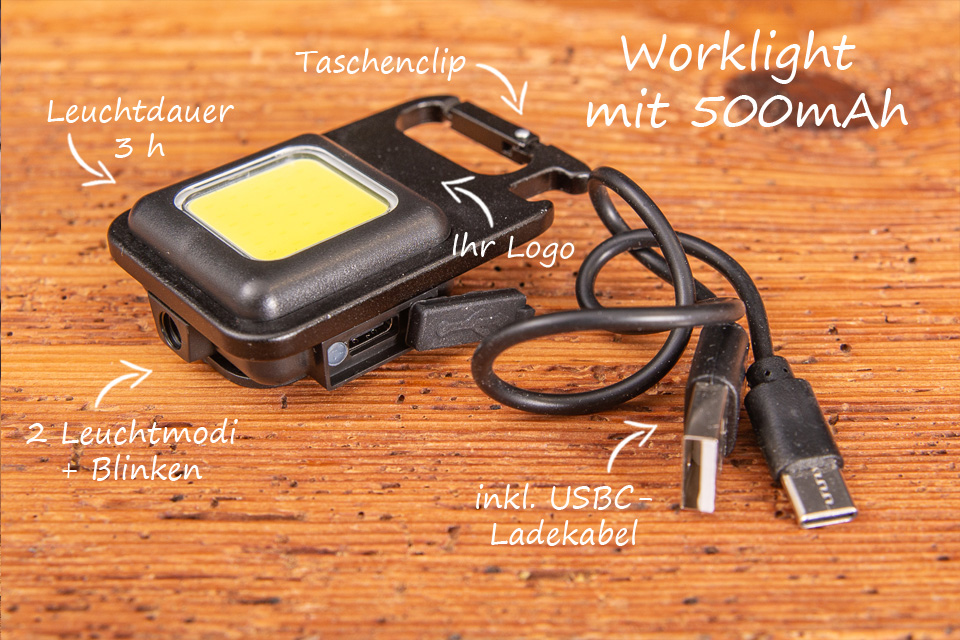 Ein MegaBeam Worklight von Metmaxx liegend auf einer Holzplatte mit Produktbeschreibung.
