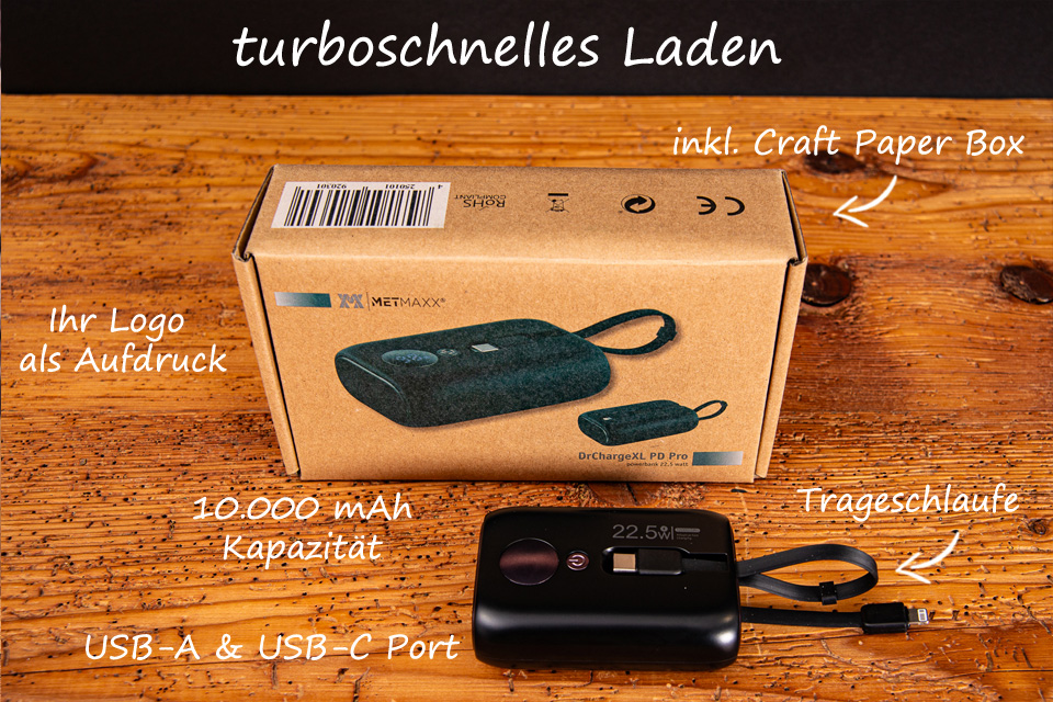 Eine schwarze DrChargeXL PD Pro Powerbank 10.000mAh mit Karton und Produktbeschreibungen.