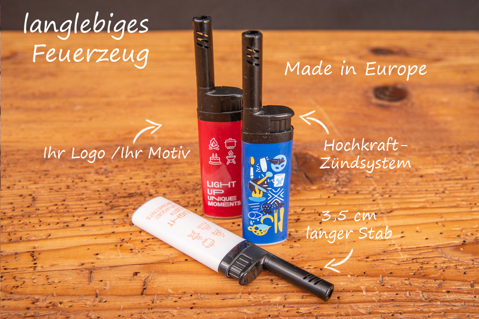 Drei Stabfeuerzeuge von BIC mit Bildbeschriftung der Produktevorteile.