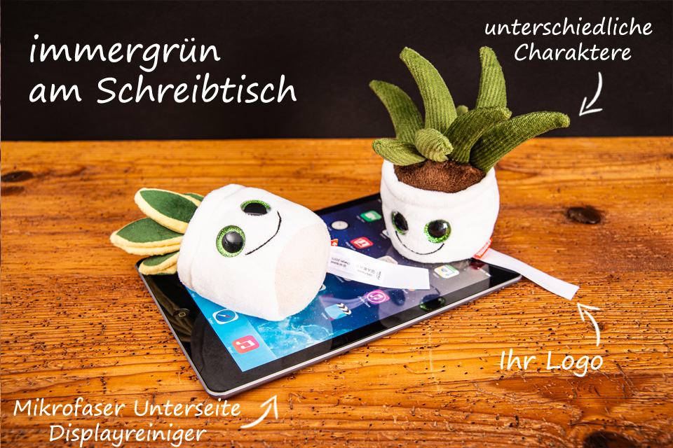 Zwei Schmoozies Evergreenies Werbeartikel auf Tablet mit Produktdetails.