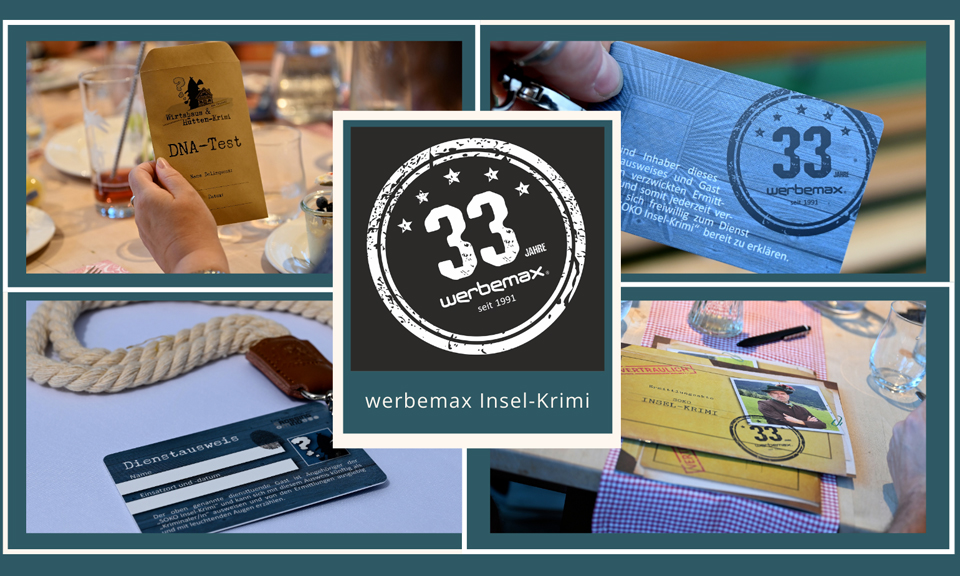 Ermittlerakte, DNA Test und Dienstausweis vom werbemax Krimi-Dinner.