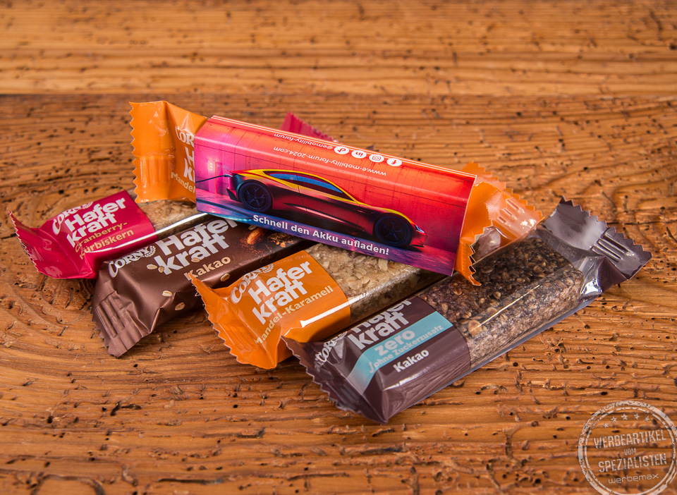 Werbeartikel mit Biss - Corny M&uuml;sliriegel und Haferkraft Riegel mit Logo bedruckt