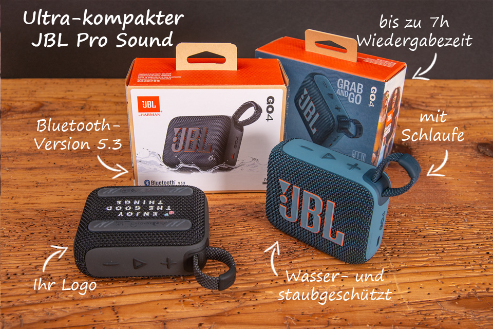 Produktbeschreibung bedruckter JBL GO 4 Bluetooth Speaker mit Verpackung als Werbeartikel oder Pr&auml;mie.