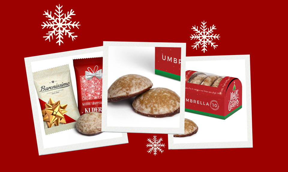 Drei Polaroids mit Bildern der Mini Contrella Lebkuchen in der Werbekartonage oder T&uuml;te als Werbertikel.