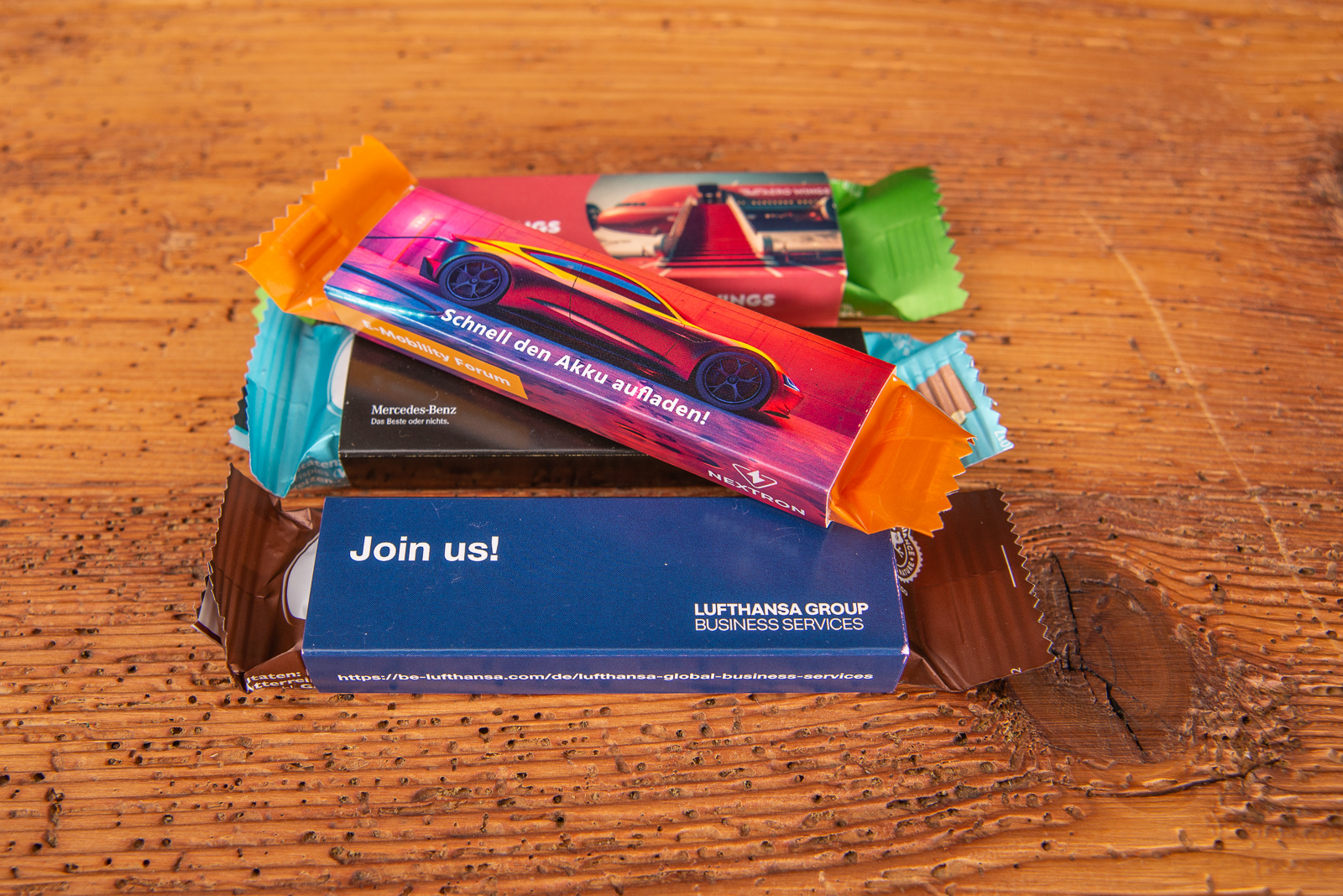 Werbeartikel zum Essen, Corny Haferkraft und M&uuml;sliriegel f&uuml;r Veranstaltungen, Messen und Events im Digitaldruck veredeln