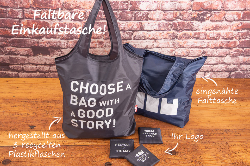 Mini Maxi Shopping Bag aus recycelten Plastikflaschen als nachhaltiger Werbeartikel mit Logo. 
