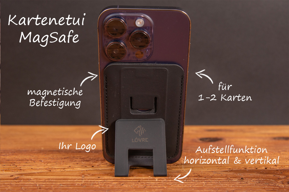 Bildbeschriftung Handyhalterung und Kartenetui MagSafe aus veganem Leder f&uuml;r 1-2 Kreditkarten mit Logo als stylisches Incentiv. 