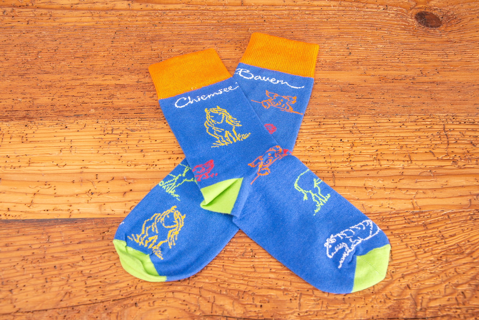 Bunte Socken mit Tiermotiv und Logo-Einwebung als Werbeartikel im Tourismus.