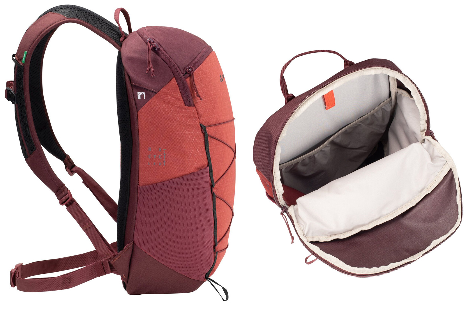 Zwei rote VAUDE Wanderrucks&auml;cke mit Detailansicht innen.