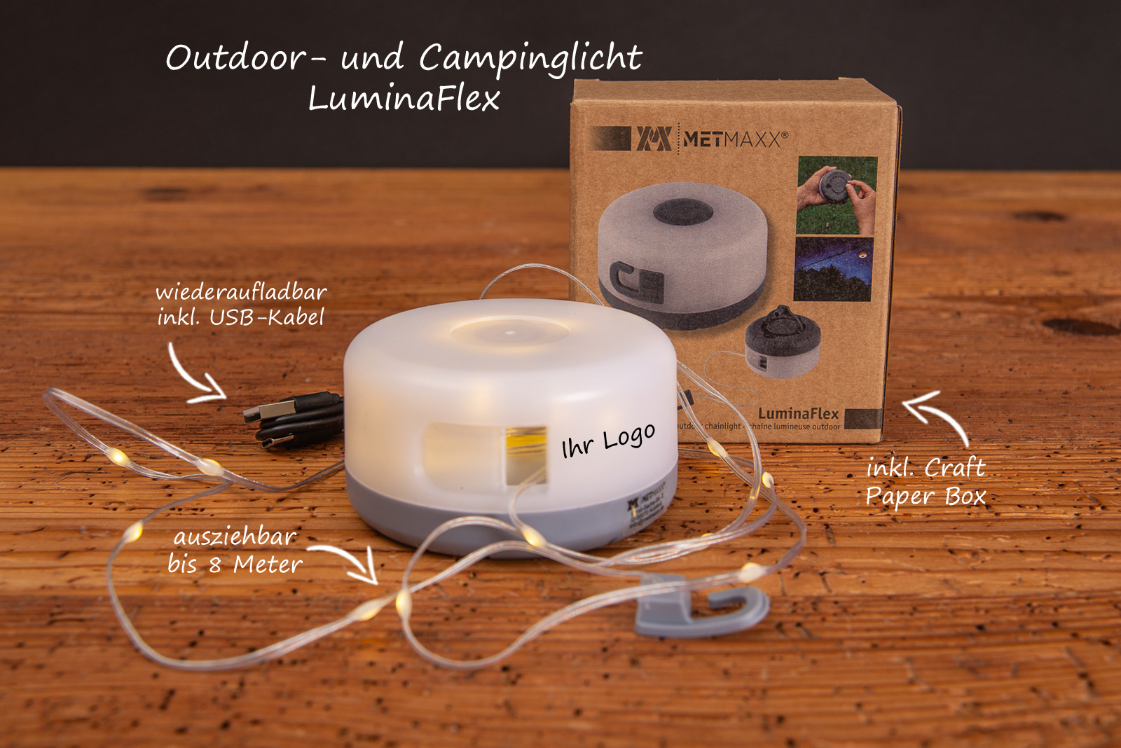 Outdoorlampe mit Logo und ausziehbarer Lichterkette f&uuml;r Mitarbeiter, Kunden und Partner
