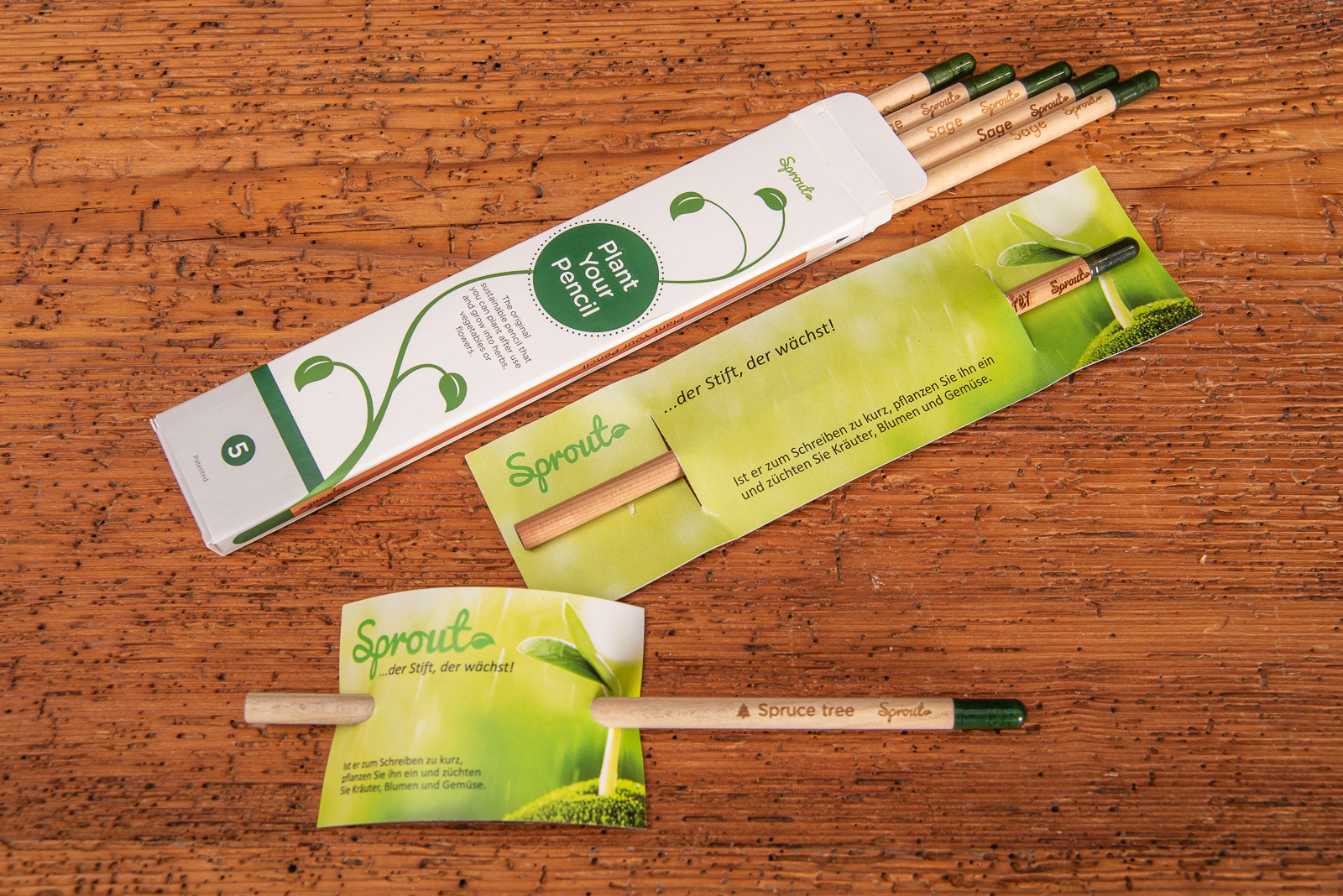 SPROUT Samenbleistifte mit verschiedenen Verpackungen als Werbegeschenk.
