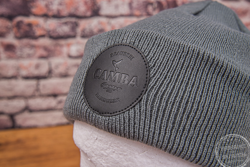 Promo Strickm&uuml;tze mit Logo-Patch Camba als Werbeartikel.