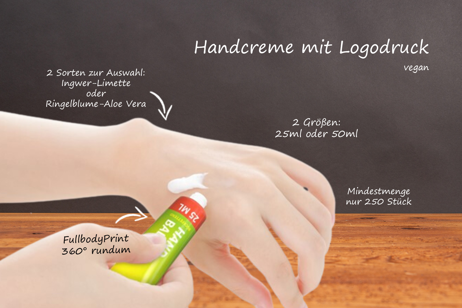 Handcreme mit tollem Duft als Werbeartikel f&uuml;r Kunden und Mitarbeiter mit H&auml;nden und Bildbeschriftung.
