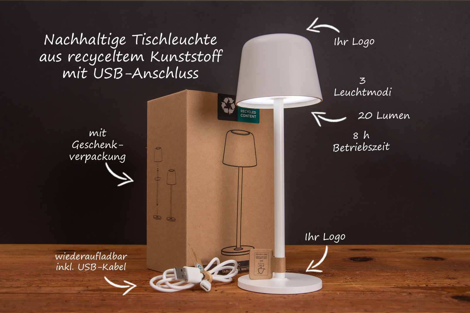Wiederaufladbare Tischlampe Zenic in wei&szlig; mit 3 Lichtmodi