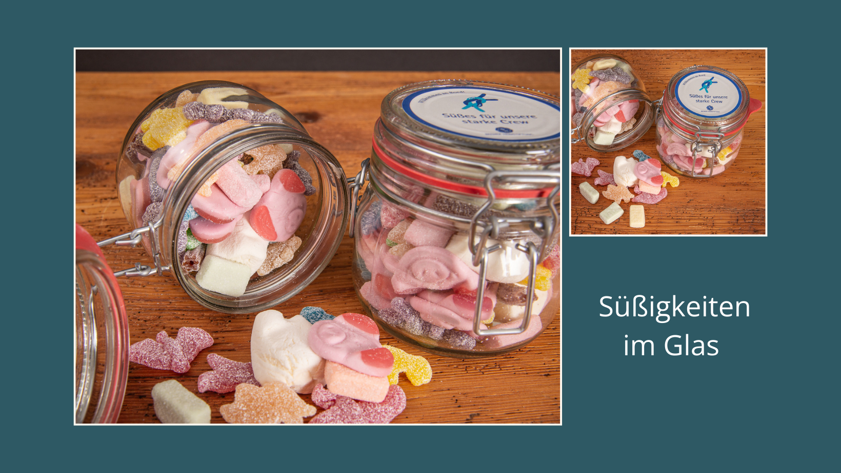 Suessigkeiten im Glas mit Onboarding-Botschaft als Werbegeschenk, gef&uuml;llt mit Gummib&auml;rchen.