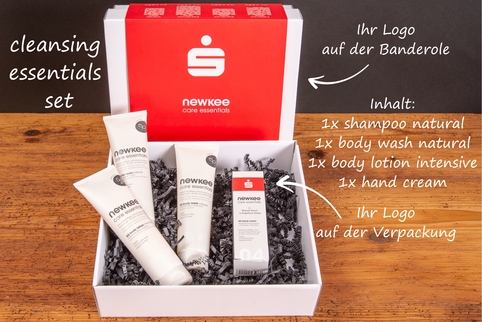 Newkee Cleansing Set mit Logo Sparkasse als nachhaltiges Werbegeschenk f&uuml;r Kunden und Mitarbeiter mit Bildbeschriftung