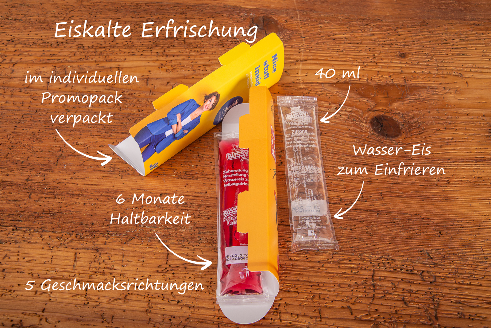 Bussy Wassereis f&uuml;r coole Sommer-Werbeaktionen. Jetzt in 5 Sorten als Werbegeschenk mit Logo verschenken. 