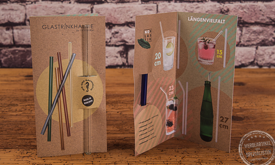 Glastrinkhalme in der bedruckten Klappkarte als Mailingartikel, Checkout-Geschenk oder Messe-Give-away.