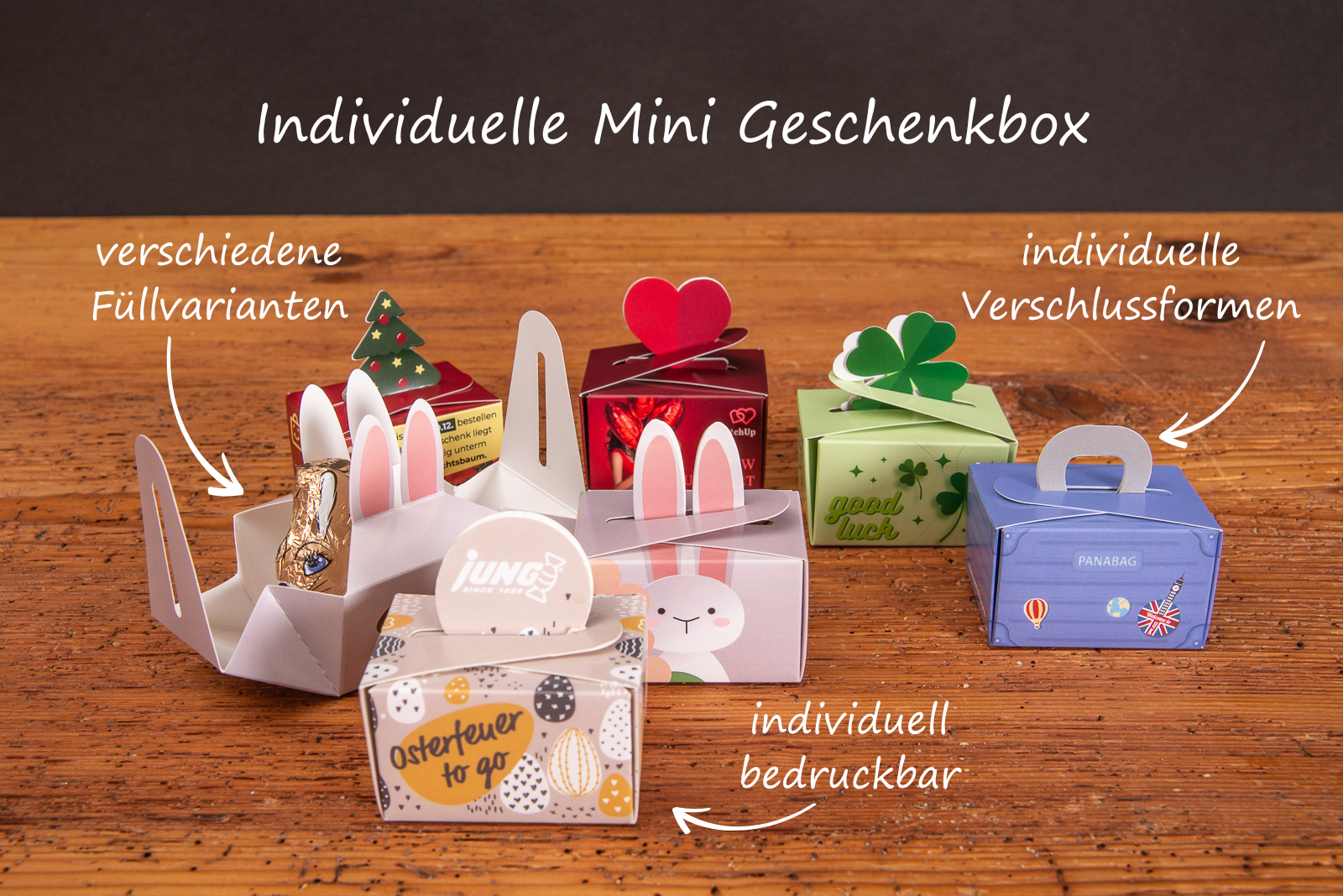 Individuelle Mini Geschenkbox mit unterschiedlichen Verschlussformen und F&uuml;llungen und Bildbeschriftung