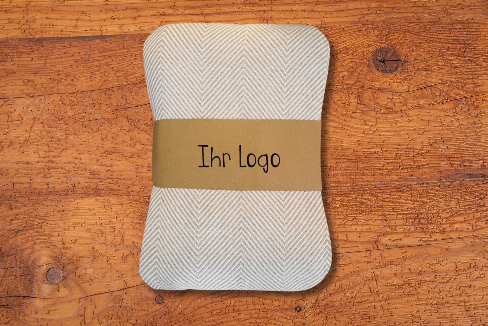 Beige-wei&szlig;e Kuscheldecke Ocean Towel HOME mit Werbebanderole als Kundengeschenk.