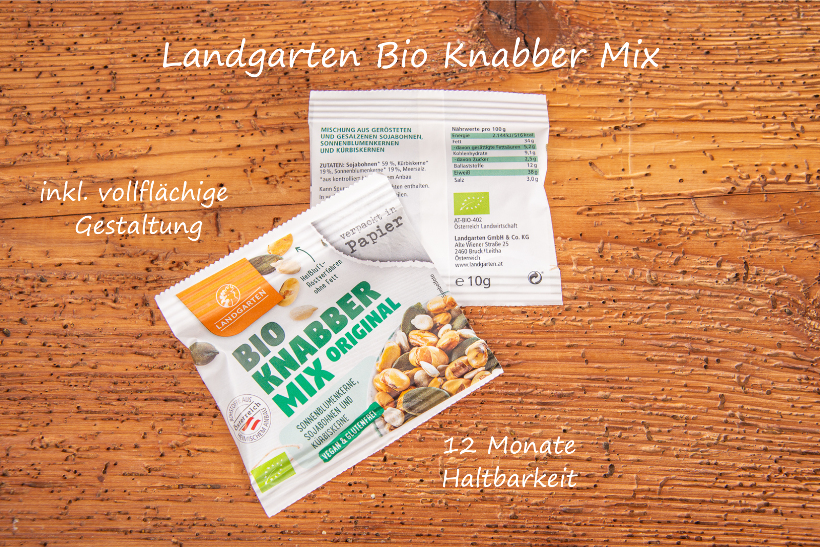 Landgarten Bio Knabber Mix Snack mit Eigengestaltung als Streuartikel mit Mehrwert mit Bildbeschriftung.