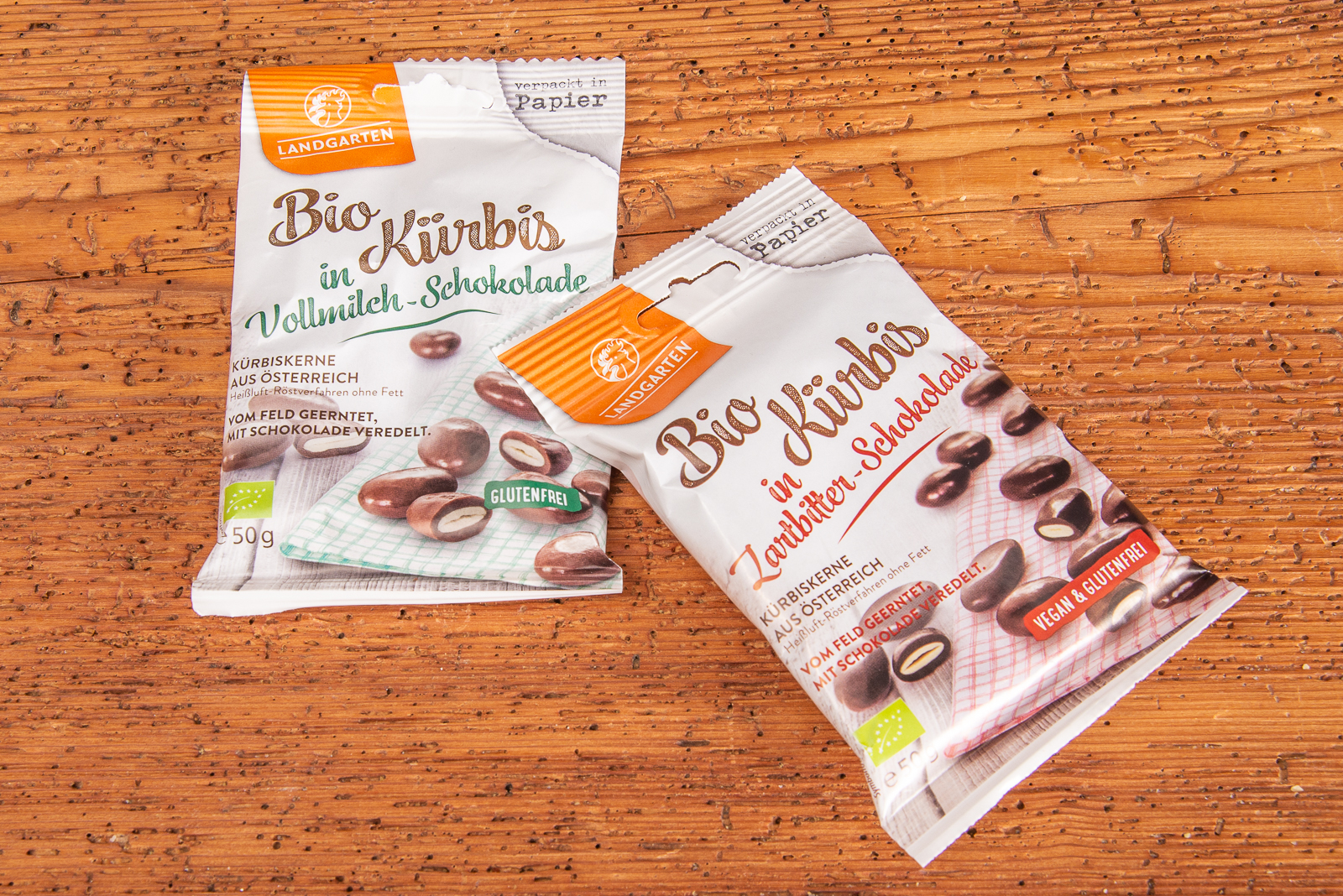 Landgarten K&uuml;rbiskerne in Schokolade als Giveaway.