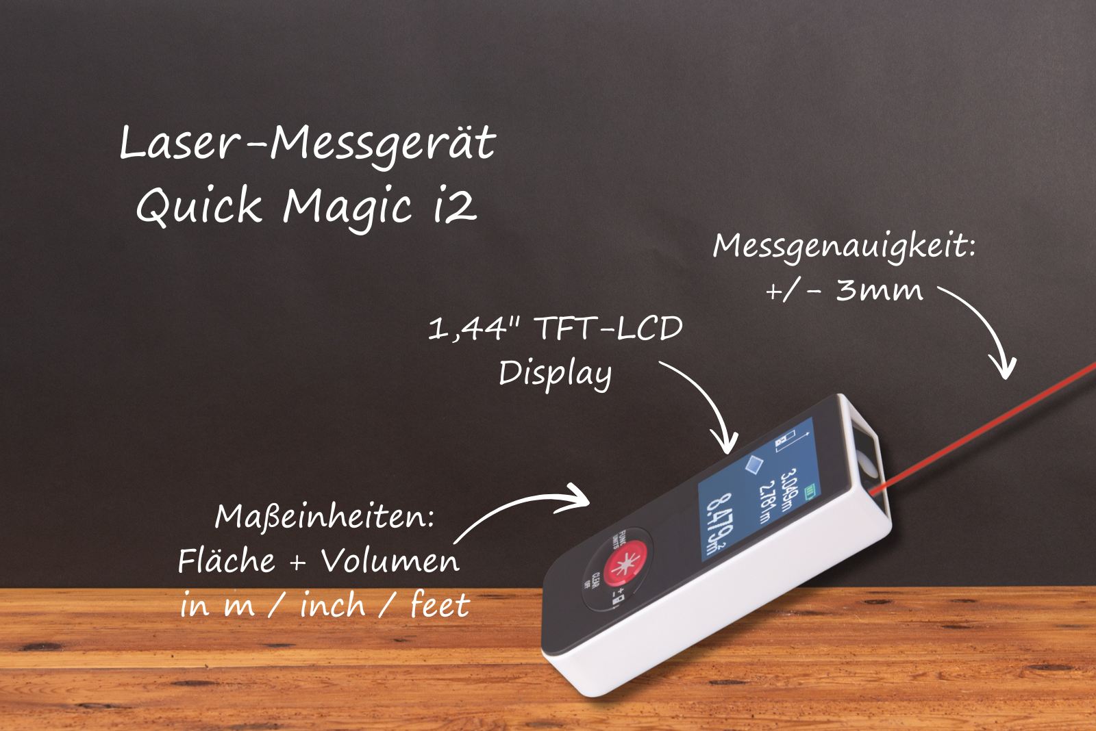 Bildbeschriftung Laser-Messger&auml;t Quick Magic i2 als Werbegeschenk f&uuml;r Handwerk, Bau und Dienstleistung.