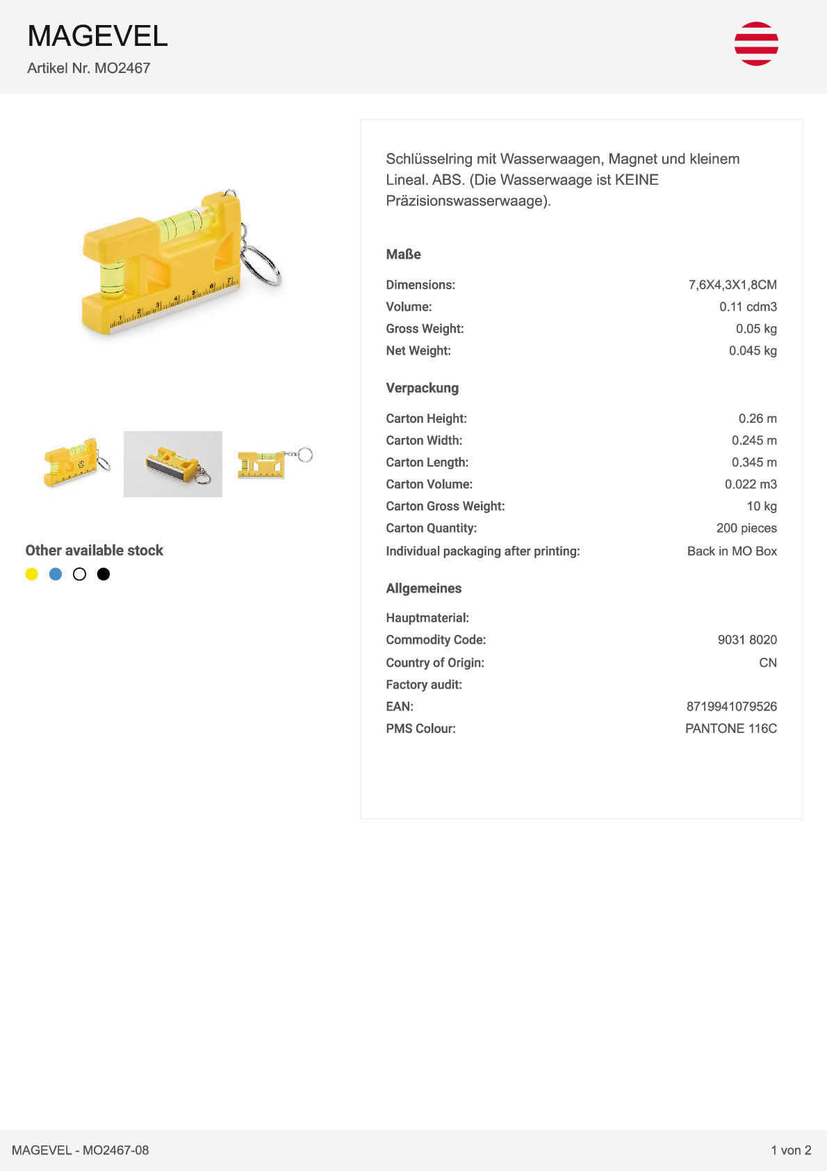 Produktdatenblatt Mini Wasserwaage