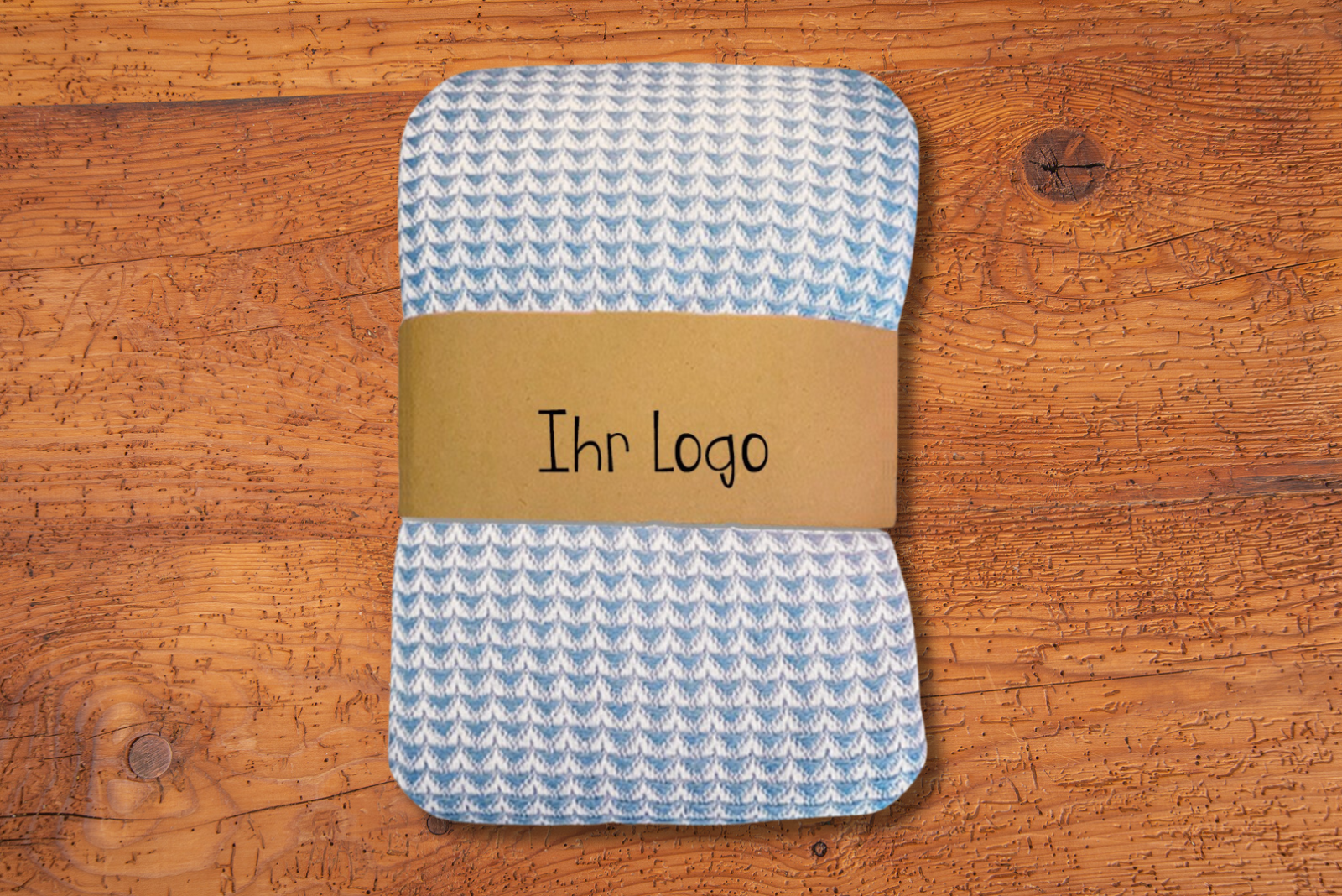 Blau-wei&szlig;e Ocean Towel HOME Kuscheldecke mit Werbebanderole als Kundengeschenk.