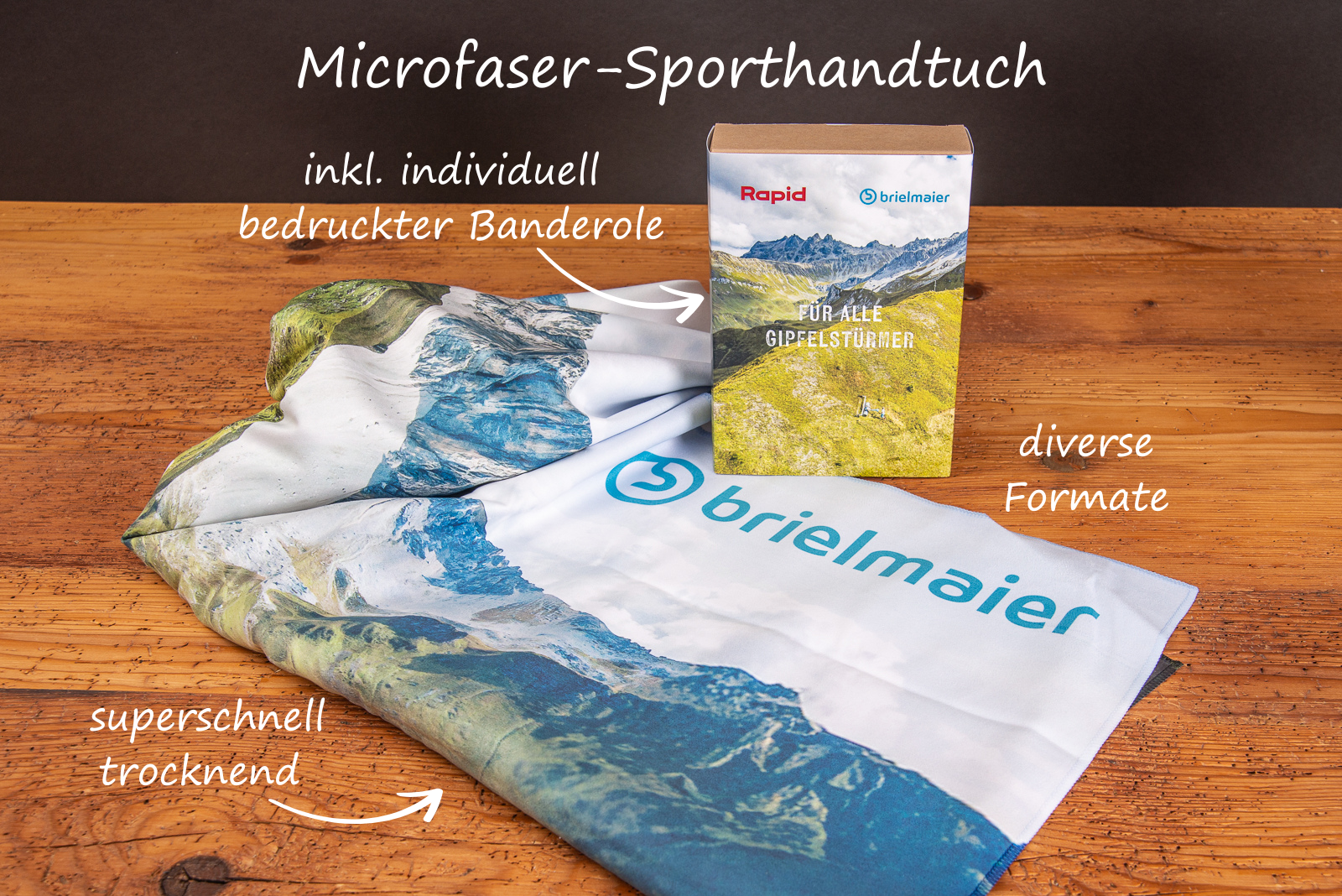 Microfaser Sporthandtuch individuell bedruckt als Werbeartikel.