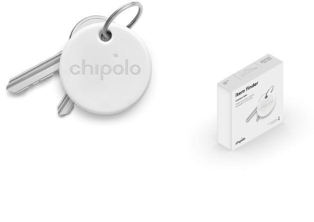 Wei&szlig;er Chipolo Key Pop Schl&uuml;sselfinder mit Logodruck und Verpackung als Werbemittel mit wei&szlig;em Hintergrund.