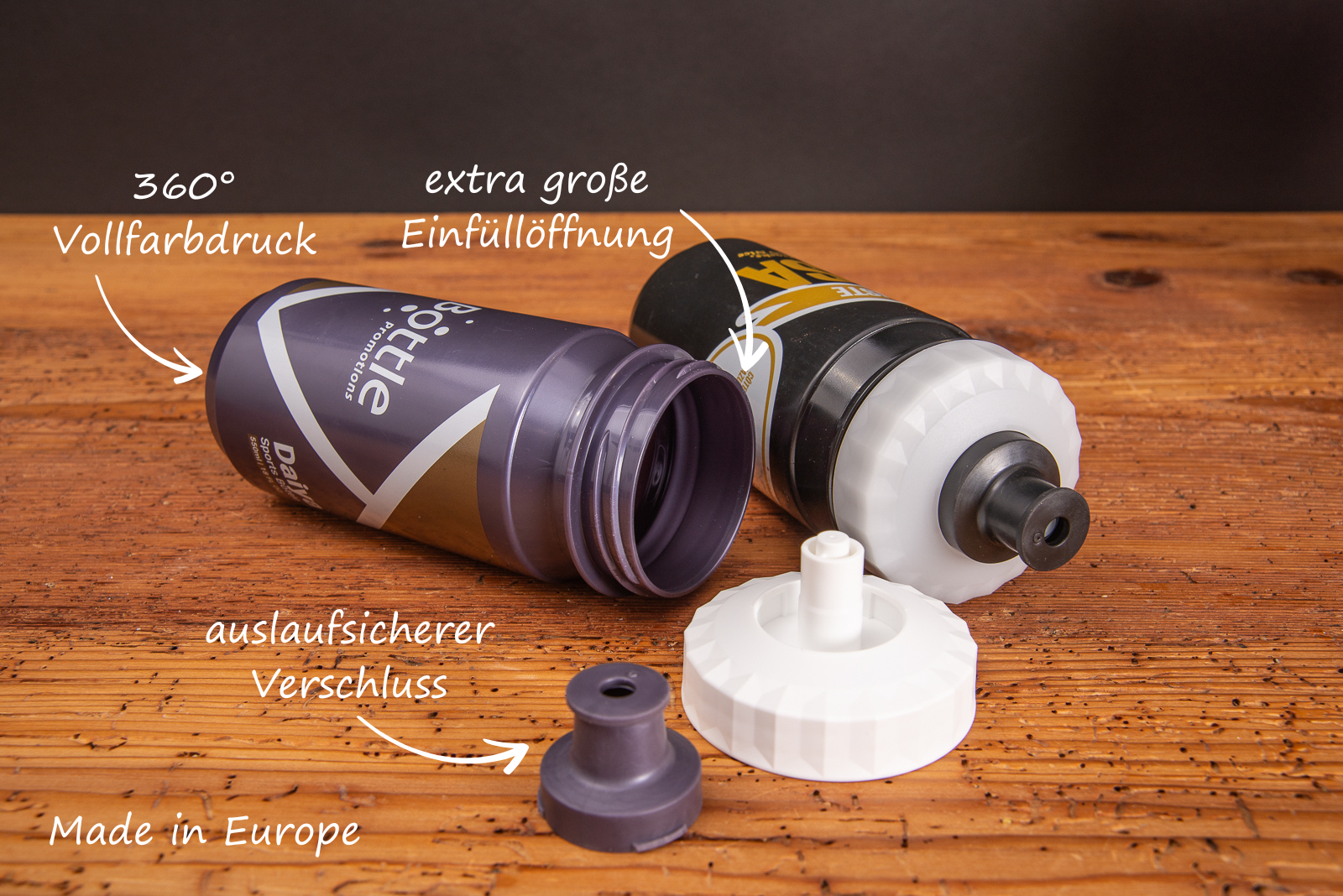 Sport Trinkflasche ge&ouml;ffnet mit Deckeldetails vollfl&auml;chig bedruckt als Werbeartikel mit Bildbeschriftung