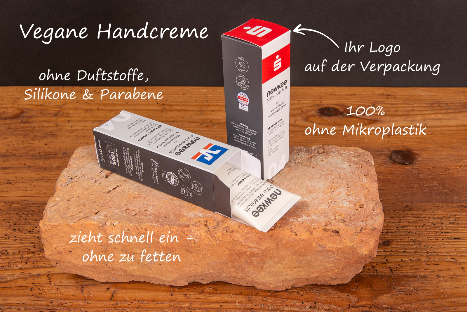 Hochwertiges Handbalsam von Newkee mit Ihrem Logo als hochwertiges Werbegeschenk am Beispiel von Sparkasse und Raiffeisenbank