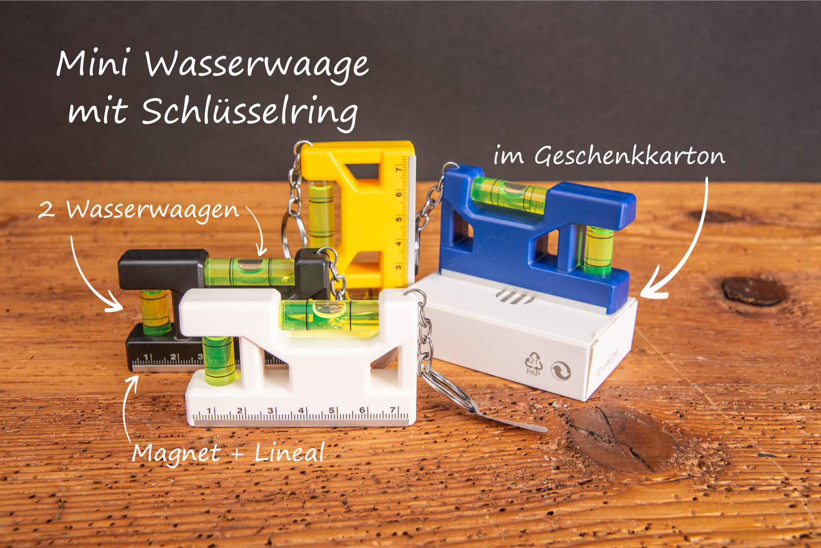 Mini Wasserwaage mit Schl&uuml;sselring und Geschenkkarton als Streuartikel.