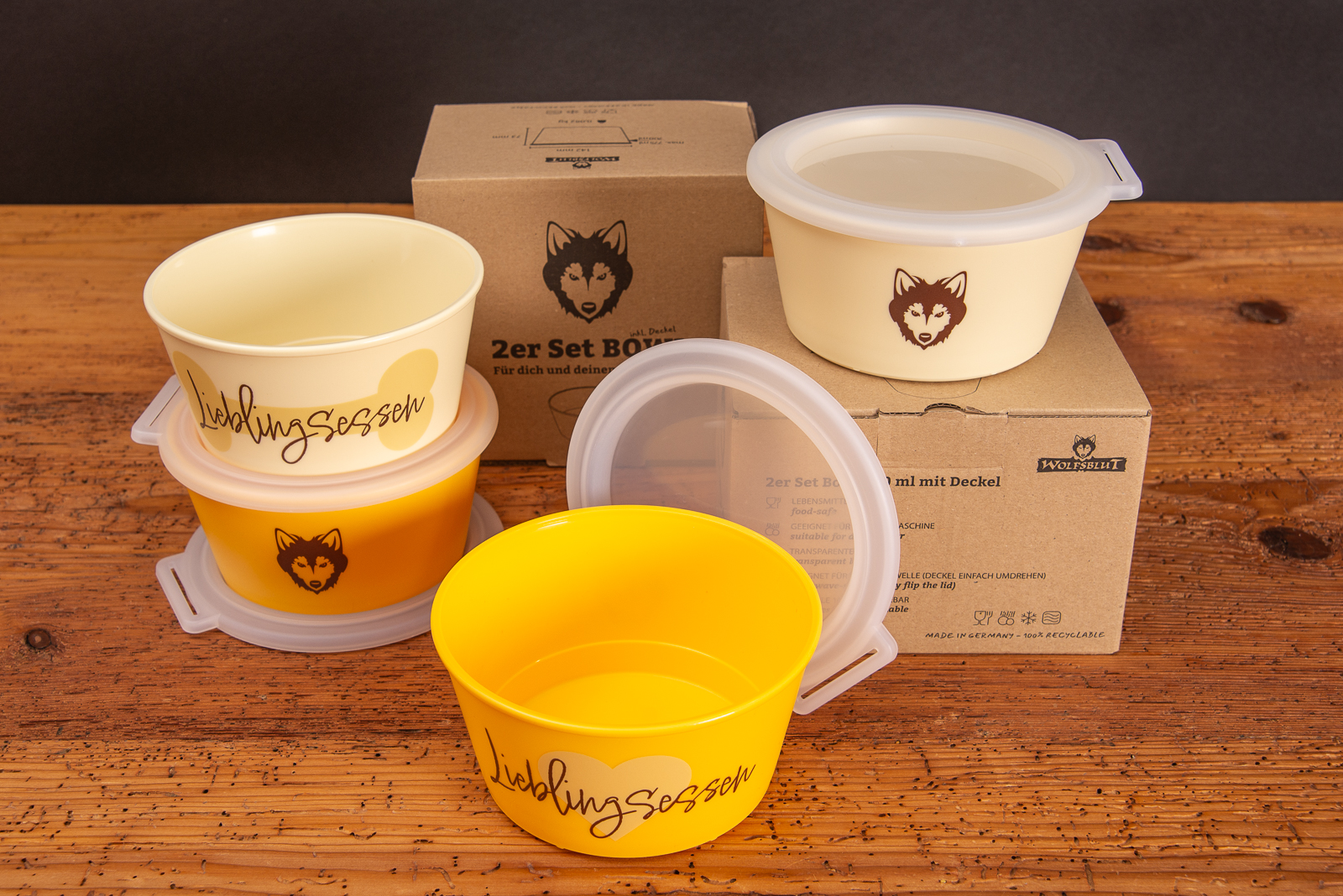 koziol Schalen mit Deckel NORA Box mit Aufdruck Lieblingsessen und Wolfsblut-Logo als Werbeartikel. 