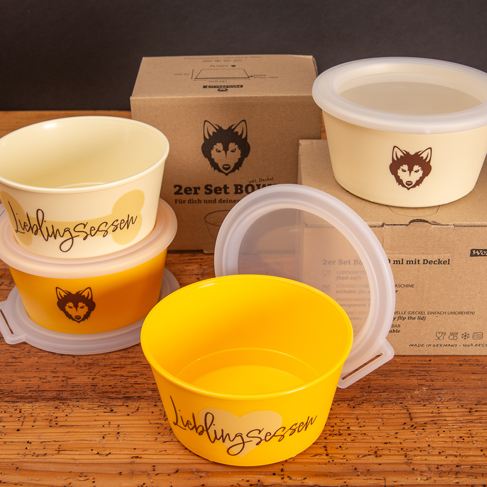 koziol NORA BOX mit Aufdruck Lieblingsessen und Wolfsblut Logo als Werbeartikel. 