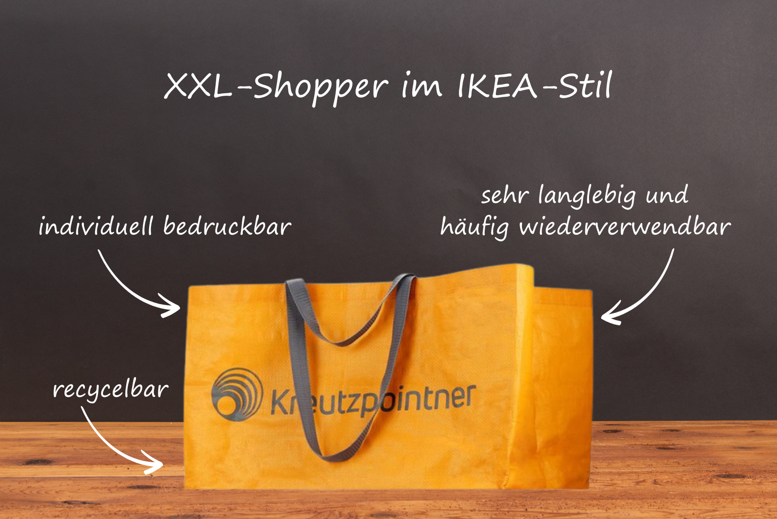 Nachhaltige, robuste Einkaufstasche im IKEA-Stil mit Werbedruck.