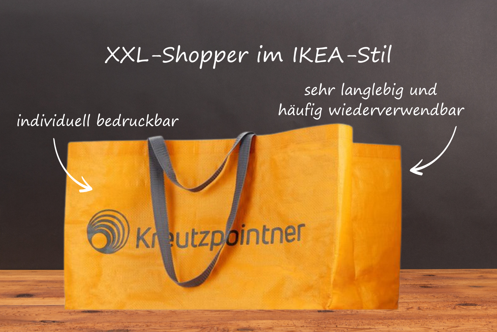 Orange XXL Einkaufstasche mit Logodruck Kreutzpaintner als Messe-Giveaway mit Bildbeschreibung