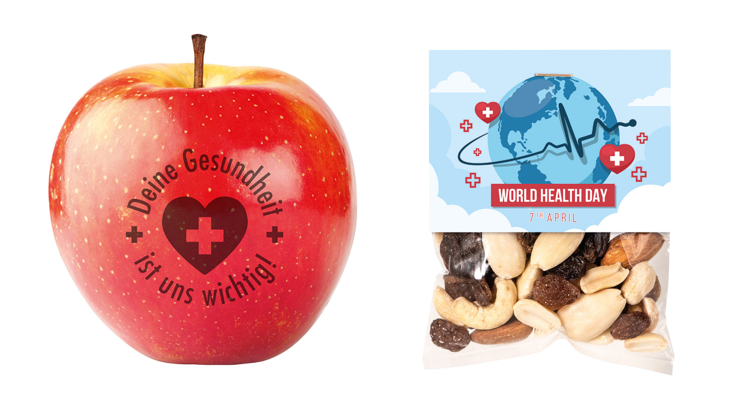 Apfel mit Logo und N&uuml;sse mit Werbebanderole zum Weltgesundheitstag als Werbeartikel.