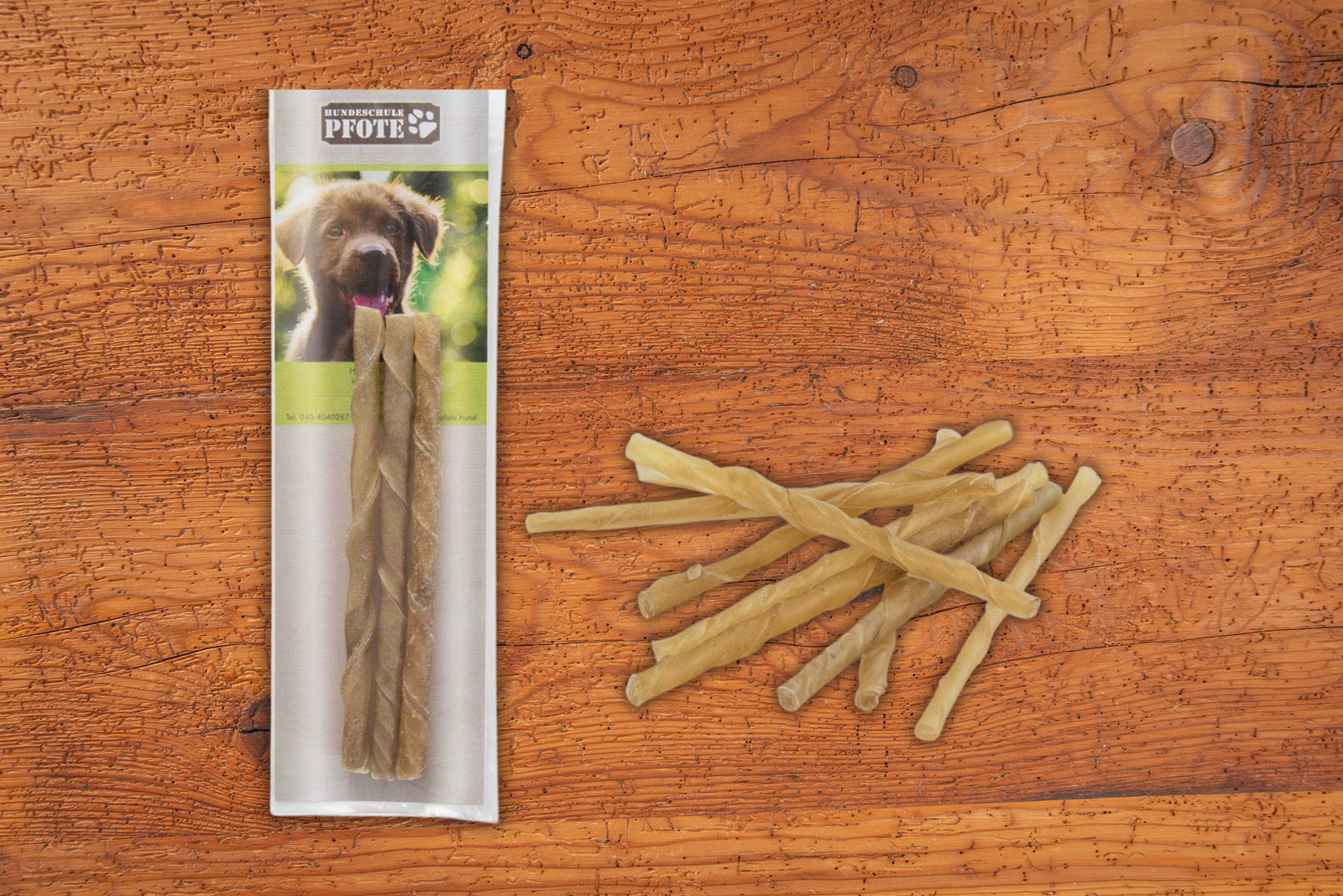 Kauknochen in der Werbeverpackung als Werbeartikel.