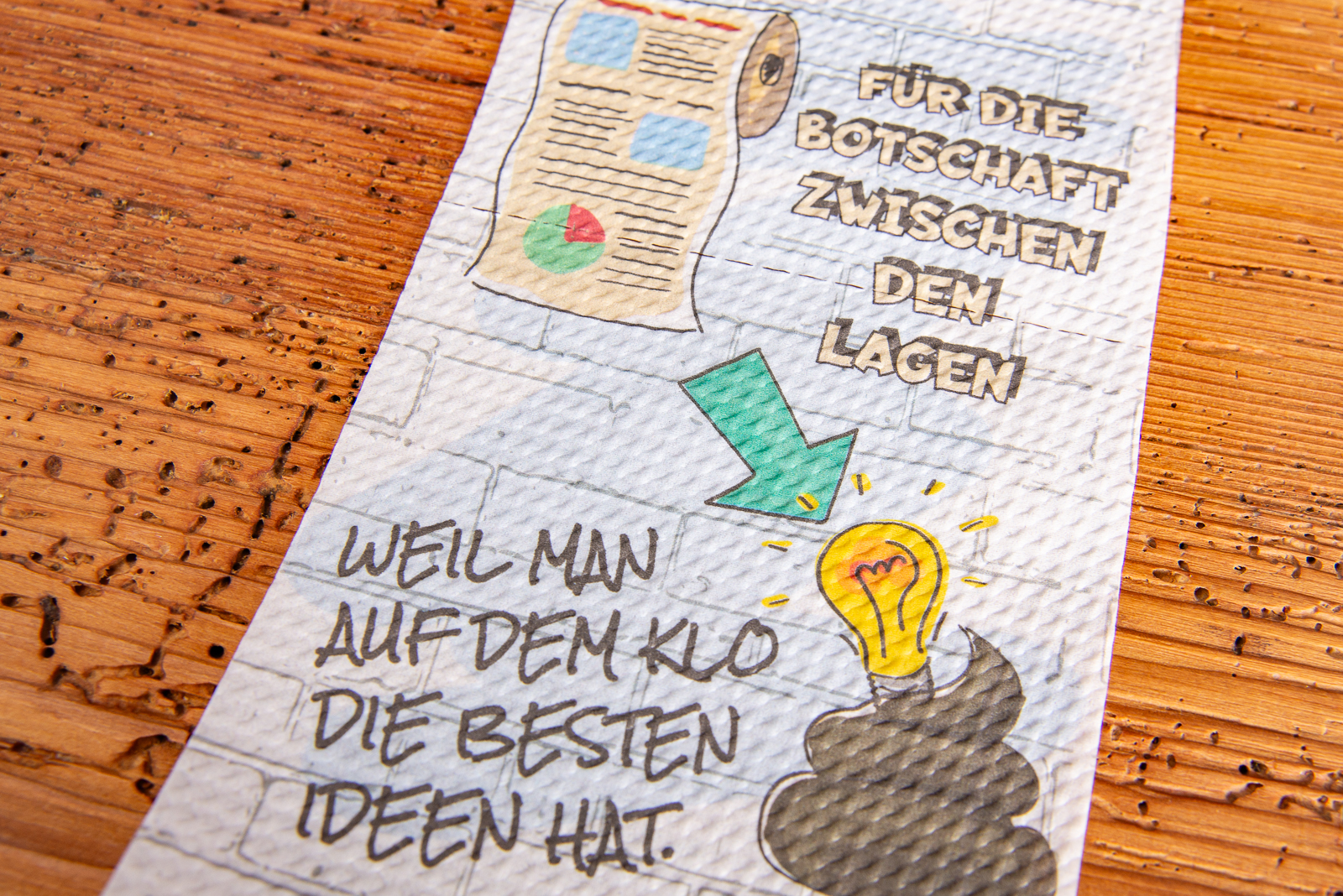 Klopapier bedruckt mit Werbespruch als Werbeartikel.
