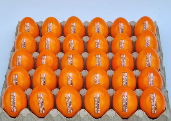 Orange Logoeier mit 2c-Druck Referenz Hornbach als Werbegeschenk f&uuml;r Kunden zu Ostern im Corporate Design.