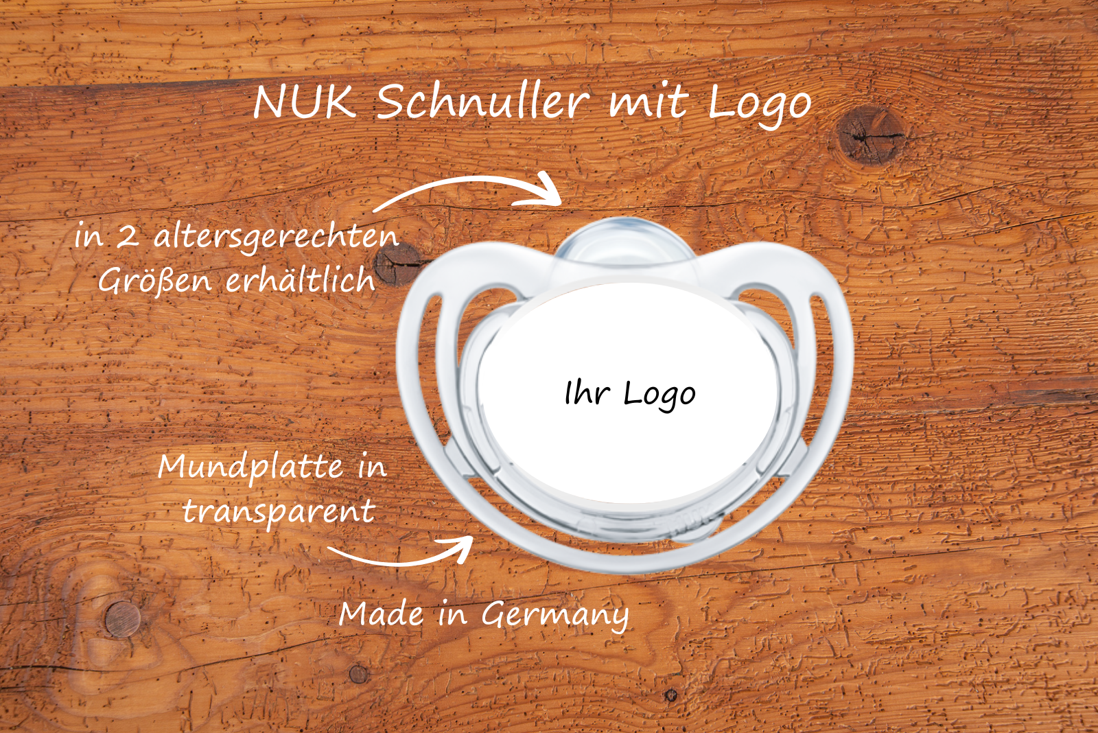 Transparenter NUK Schnuller mit Logo als Werbeartikel.