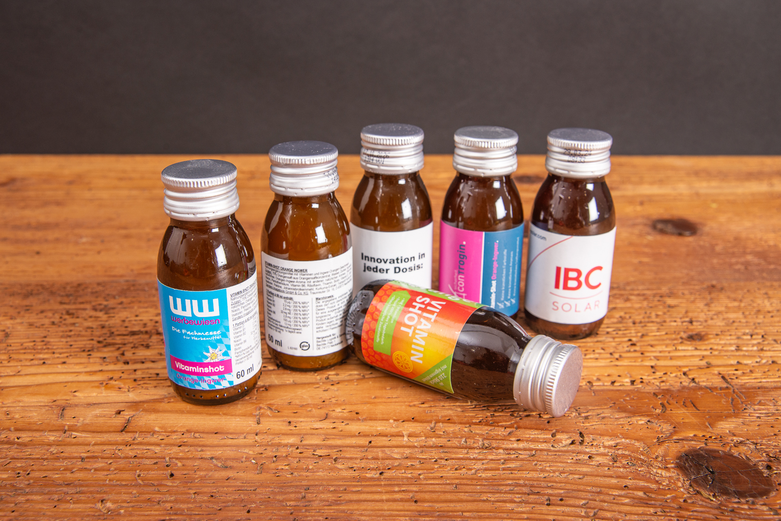 Vitamin Shots mit eigenem Logo als Werbeartikel.